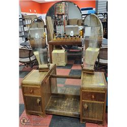 ANTIQUE VANITY WITH TRI FOLD MIRROR, SHOWS WEAR