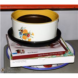STACK OF PLATTERS AND TINS