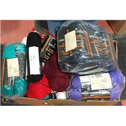 BOX FULL OF ASSORTED KNITTING YARN AND CROCHETS
