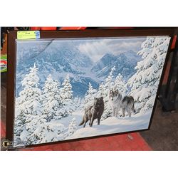 SNOWY WOLVES PICTURE IN FRAME 22" X 16"