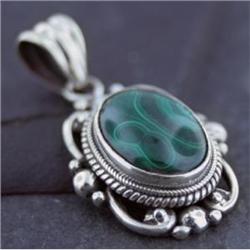 STERLING SILVER Estate NEPAL MALACHITE Pendant #1385950