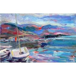  Yachts. Pink evening  oil in impressionism #1431470