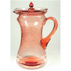 Dunbar Pink Etched Covered Glass Pitcher #1431604