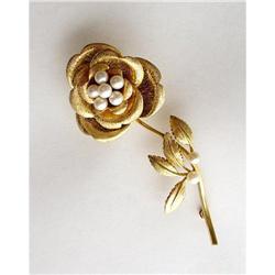 14Kt Yellow Gold Rose Pin with Pearls #1455694