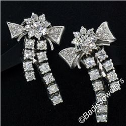 Vintage 18kt White Gold 2.45 ctw Round Diamond Bow Ribbon Dangle Earrings