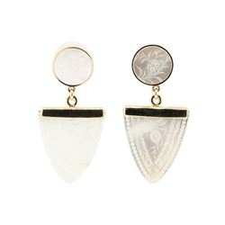 Hand-Engraved Mother of Pearl Dangle Earrings - 14KT Yellow Gold