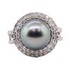 Image 1 : Tahitian Pearl and Diamond Ring - 18KT White Gold