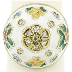 Antique 14K Yellow Gold Diamond White Blue Green Yellow Enamel Dome Floral Ring