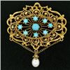 Image 1 : Vintage 14k Yellow Gold Round Turquoise & Pearl Open Work Brooch Pin Pendant