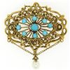 Image 2 : Vintage 14k Yellow Gold Round Turquoise & Pearl Open Work Brooch Pin Pendant