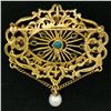 Image 3 : Vintage 14k Yellow Gold Round Turquoise & Pearl Open Work Brooch Pin Pendant