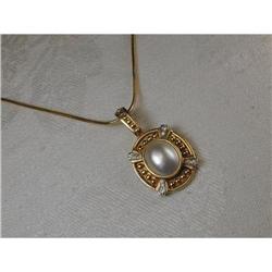 Estate 14K YG Etruscan Diamond Pearl Pendant #1380402