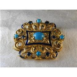 18K Filigree Turquoise Sapphire Enamel Brooch #1392092