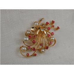 Estate 14K Ruby Diamond Cultured Pearl Brooch #1392096