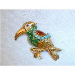 Estate 14K Enamel Ruby Turquoise Parrot Brooch #1392099