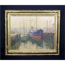 Antique Nautical Oil Painting Harbor Signed  #1392180