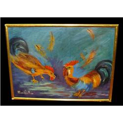 Rooster Oil Painting Signed Max Well #1403465