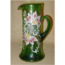 Enameled  green glass  pitcher with flowers #1403582