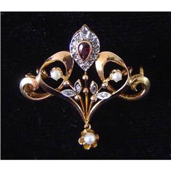 Antique Gold, Diamond, Ruby and Pearl Pin #1419303