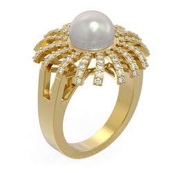 0.9 ctw Diamond & Pearl Ring 18K Yellow Gold - REF-117M3G