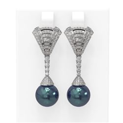 3 ctw Diamond & Pearl Earrings 18K White Gold - REF-308H5R