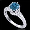 Image 1 : 1 ctw Intense Blue Diamond Engagment Art Deco Ring 18k White Gold - REF-180G2W