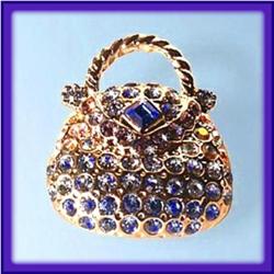 BLUE BAG PURSE PIN BROOCH GOLD SWAROVSKI CRYSTALS