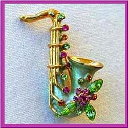 SAXOPHONE PIN BROOCH 24K GOLD SWAROVSKI CRYSTALS