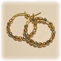 3 TONE SOLID 14K GOLD HOOPS EARRINGS BEADED 1" 2