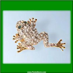 WHITE SWAROVSKI CRYSTALS FROG PIN BROOCH 24K GOLD
