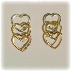 TRI COLOR 3 TONE SOLID 14K GOLD HEART EARRINGS THREE PIERCED