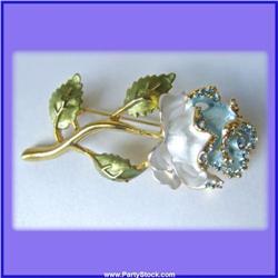 WHITE BLUE ROSE PIN BROOCH CRYSTAL SWAROVSKI