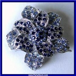 BLUE FLOWER PIN BROOCH ALL SWAROVSKI CRYSTAL GOLD