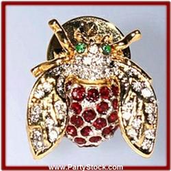 BEE PIN BROOCH 24K GOLD & RED SWAROVSKI CRYSTALS