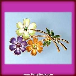 3 FLOWER PIN BROOCH GOLD CRYSTAL SWAROVSKI