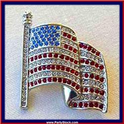 USA AMERICAN FLAG SILVER PIN BROOCH GOLD CRYSTALS
