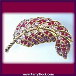 RED FEATHER PIN BROOCH 24K GOLD SWAROVSKI CRYSTAL
