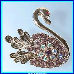 VINTAGE SWAN PIN BROOCH GOLD SWAROVSKI CRYSTALS
