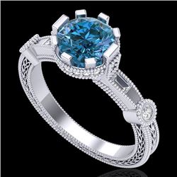1.71 ctw Fancy Intense Blue Diamond Art Deco Ring 18k White Gold - REF-263N6F