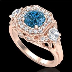 2.11 ctw Intense Blue Diamond Art Deco 3 Stone Ring 18k Rose Gold - REF-283H6R