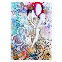 Mark Kostabi "Contemplating Alchemy" Hand Signed Original Artwork with COA.