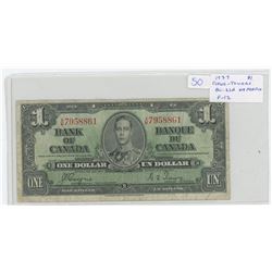 1937 George VI $1 note. Coyne-Towers signatures. X/M Prefix. BC-21d. F-12.