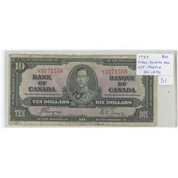 1937 George VI $10 note. Coyne-Towers signatures. L/T Prefix. BC-24c. VG-8.