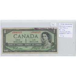 1954 $1 Devil’s Face $1 note. Beattie-Coyne signatures. L/A. Prefix. BC-29b. Ink Stamped 66372 Hubba