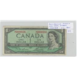 1954 $1 Modified Protrait. Low Serial Number: 0000558. Lawson-Bouey signatures. W/F Prefix. BC-37d. 