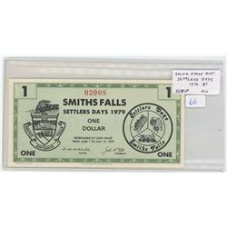 Smith Falls Ontario Settlers Days 1979 $1 Scrip. Serial Number 02008. Old train on back. AU.