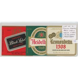 Lot of 3 Carling-O’Keefe Beer Labels: Black Label, Heidelberg, Kronenbrau. Unc.