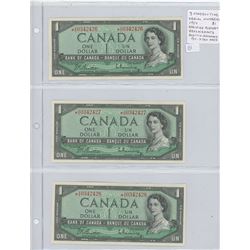 Lot of 3 Consecutive Serial Number 1954 Modified Portrait $1 notes. All are *A/A Replacement notes. 