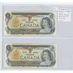 Lot of 2 Consecutive  Serial Number 1973 $1 notes. Crow-Bouey signatures. BFD Prefix. 0802329 & 0802