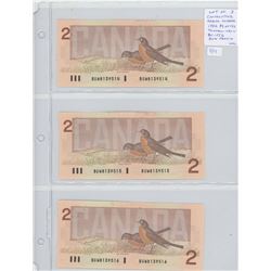 Lot of 3 Consecutive Serial Number 1986 $2 notes. Thiessen-Crow signatures. BUW Prefix. 8139514, 813